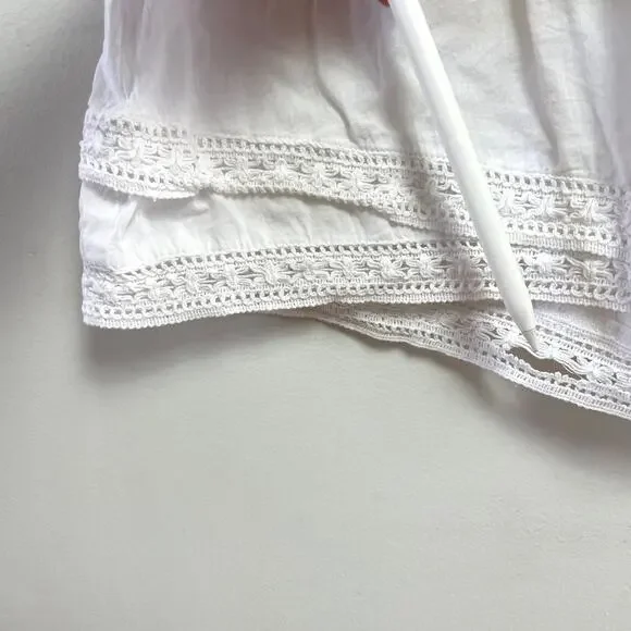 White Pintuck Boho Crochet Fringe Tunic Top Small Cotton Flutter Sleeve Coastal - Picture 5 of 8